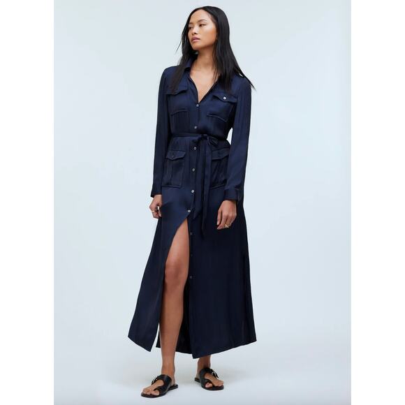 Madewell Button Front Utility Shirtdress Midi Satin Deep Indigo Pockets XS NWT - Picture 1 of 14